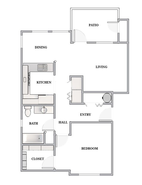 A floor plan of a house with a living room, dining room, kitchen, bathroom, bedroom, closet, and hallway.